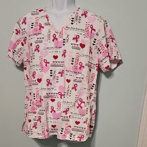 SB Scrubs White and Pink Heart Print Top. Size L. 3 Pockets. 24 Ptp.